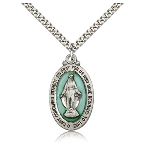 Sterling Silver 1 1/8in Blue Miraculous Medal & 24in Chain