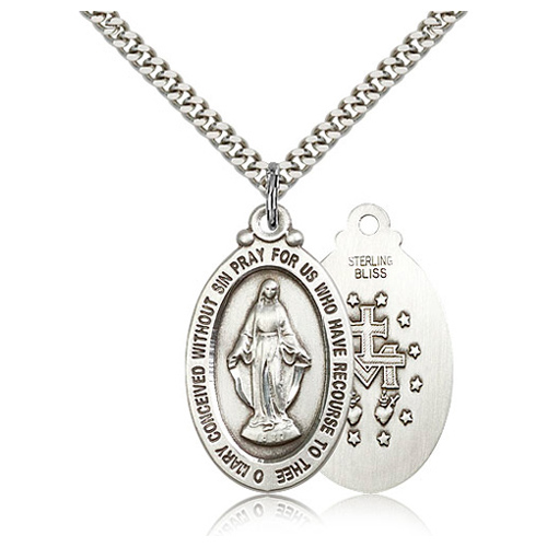 Sterling Silver 1 1/8in Miraculous Medal & 24in Chain