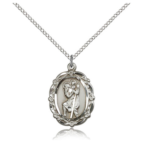 Sterling Silver 7/8in St Christopher Medal & 18in Chain