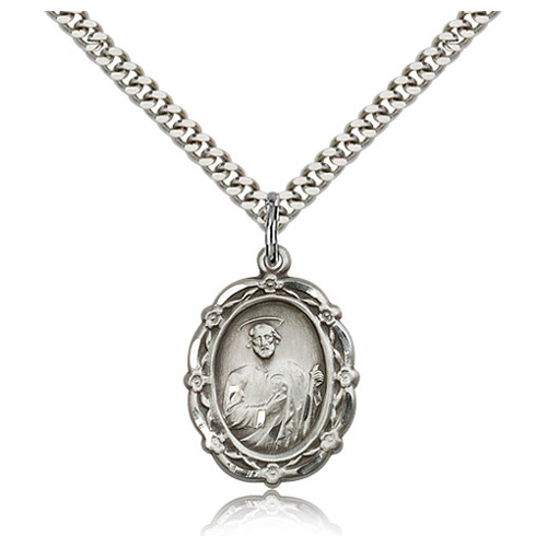 Sterling Silver 7/8in Fancy St Jude Medal & 24in Chain