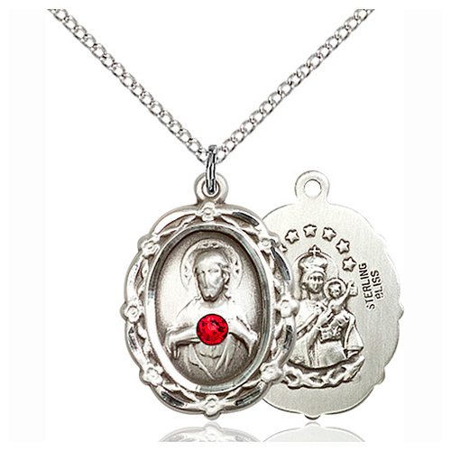 Sterling Silver 7/8in Scapular Pendant with 3mm Ruby Bead & 18in Chain