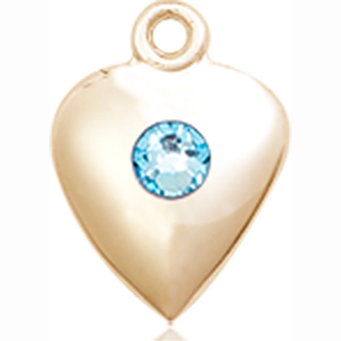 14kt Yellow Gold 1 1/4in Heart Pendant with 3mm Aqua Bead