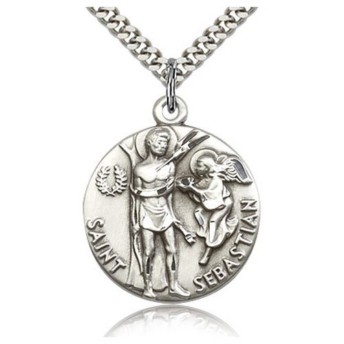 Sterling Silver 7/8in Round St Sebastian Medal & 24in Chain