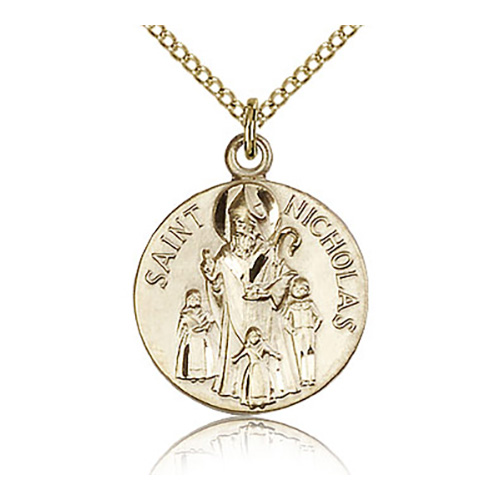 Gold Filled 3/4in Round St Nicholas Medal & 18in Chain