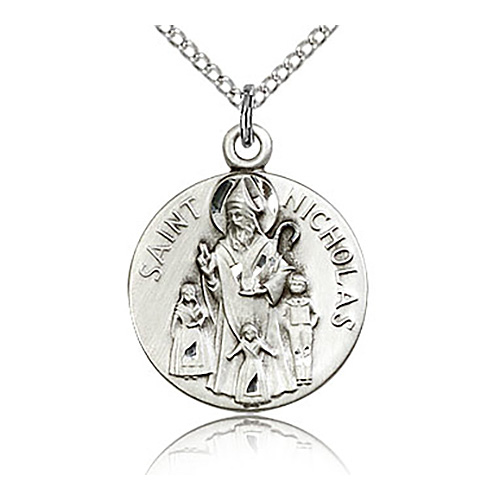 Sterling Silver Small Round St Nicholas Medal & 24in Chain
