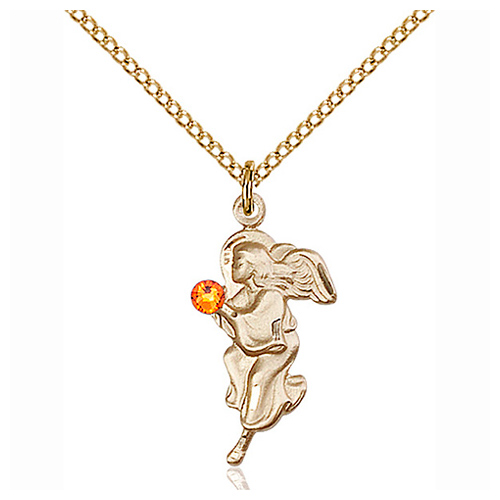 Gold Filled 7/8in Guardian Angel Pendant with Topaz Bead & 18in Chain