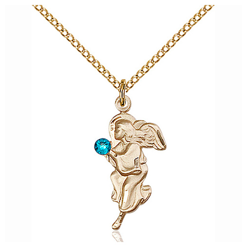 Gold Filled 7/8in Guardian Angel Pendant with Zircon Bead & 18in Chain