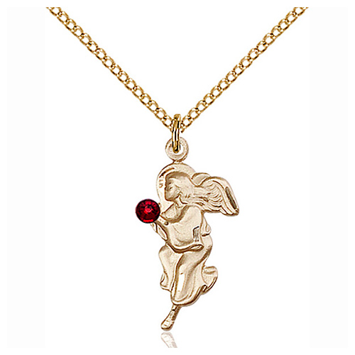 Gold Filled 7/8in Guardian Angel Pendant with Garnet Bead & 18in Chain
