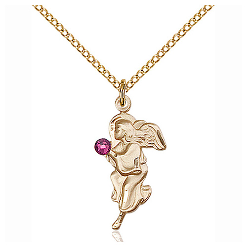 Gold Filled 7/8in Guardian Angel Pendant Amethyst Bead & 18in Chain