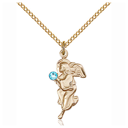 Gold Filled 7/8in Guardian Angel Pendant Aquamarine Bead & 18in Chain
