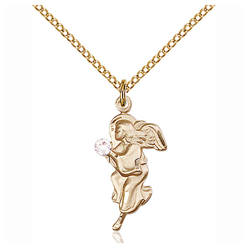 Gold Filled 7/8in Guardian Angel Pendant Crystal Bead & 18in Chain
