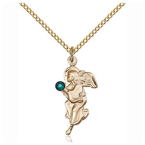 Gold Filled 7/8in Guardian Angel Pendant Emerald Bead & 18in Chain