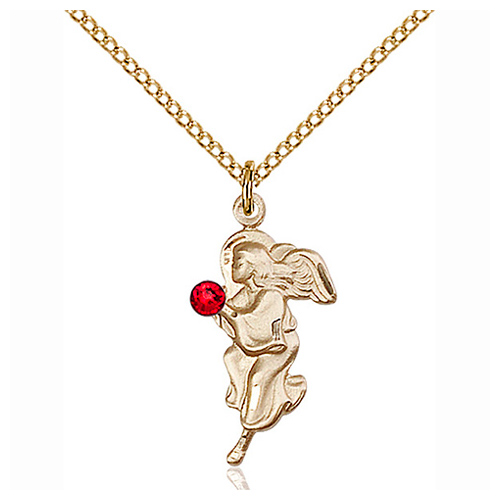 Gold Filled 7/8in Guardian Angel Pendant Ruby Bead & 18in Chain