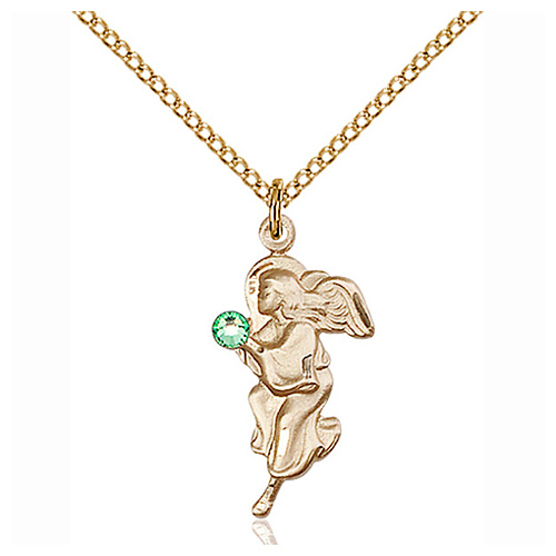 Gold Filled 7/8in Guardian Angel Pendant Peridot Bead & 18in Chain