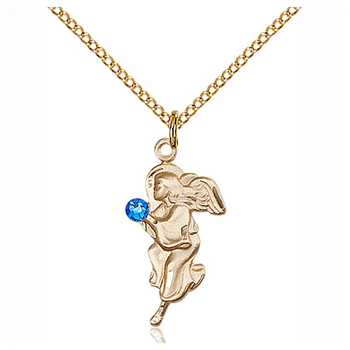 Gold Filled 7/8in Guardian Angel Pendant Sapphire Bead & 18in Chain