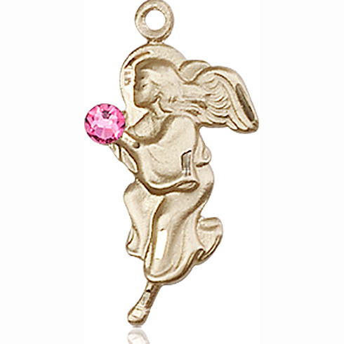 14kt Yellow Gold 7/8in Guardian Angel Pendant with 3mm Rose Bead