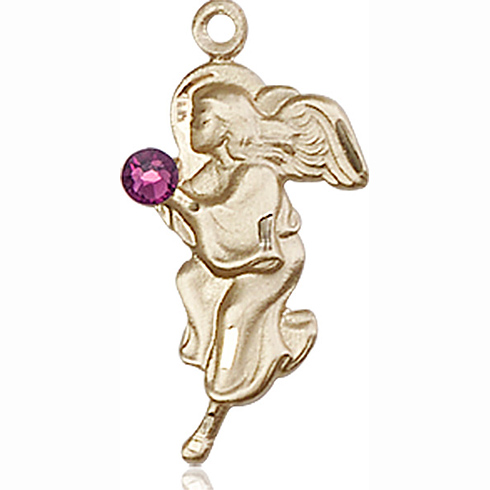 14kt Yellow Gold 7/8in Guardian Angel Pendant with 3mm Amethyst Bead