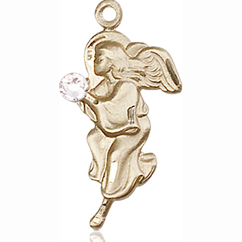 14kt Yellow Gold 7/8in Guardian Angel Pendant with 3mm Crystal Bead