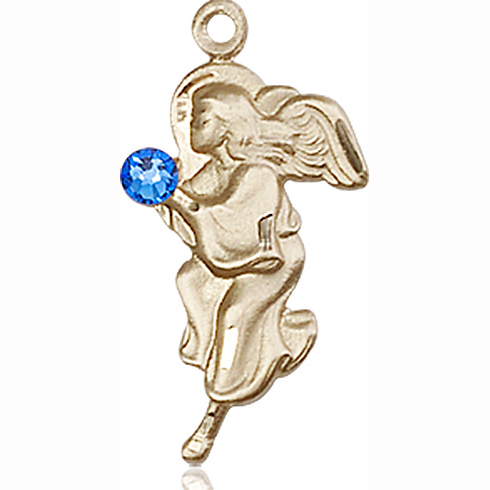 14kt Yellow Gold 7/8in Guardian Angel Pendant with 3mm Sapphire Bead