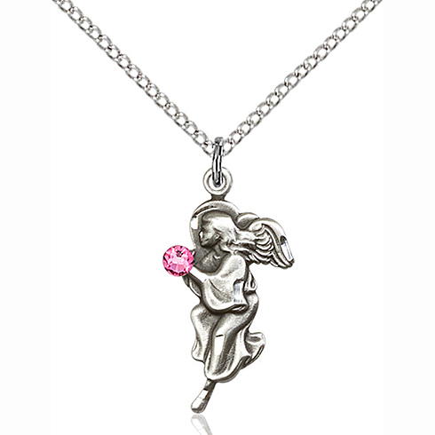 Sterling Silver 7/8in Guardian Angel Pendant Rose Bead & 18in Chain