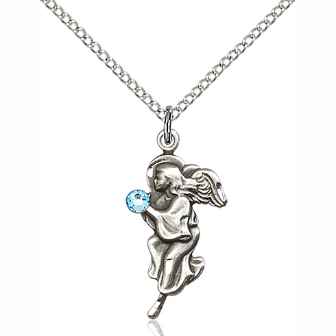 Sterling Silver 7/8in Guardian Angel Pendant Aquamarine Bead & Chain