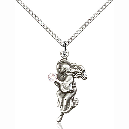 Sterling Silver 7/8in Guardian Angel Pendant Crystal Bead & 18in Chain