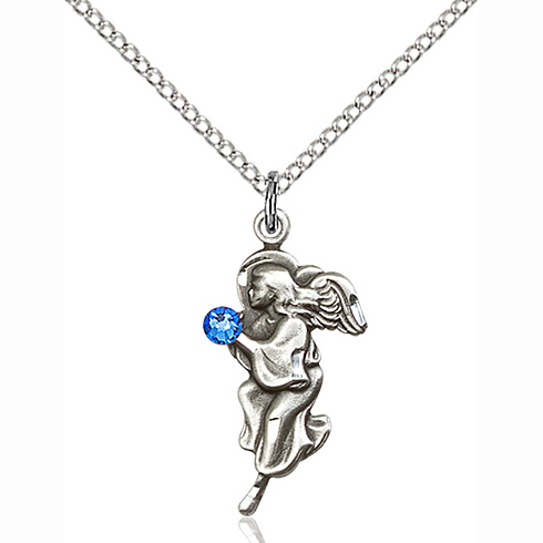 Sterling Silver 7/8in Guardian Angel Pendant Sapphire Bead & Chain