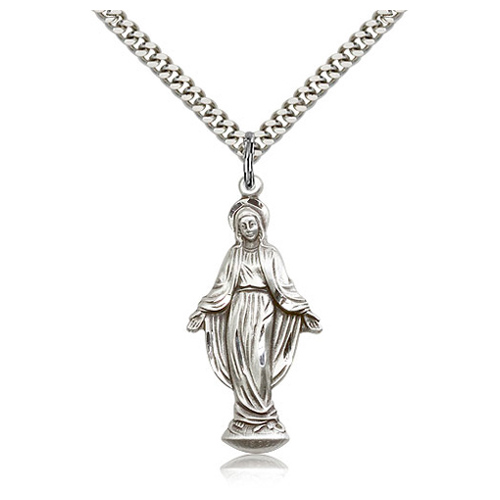 Sterling Silver 1 3/8in Mary Pendant & 24in Chain