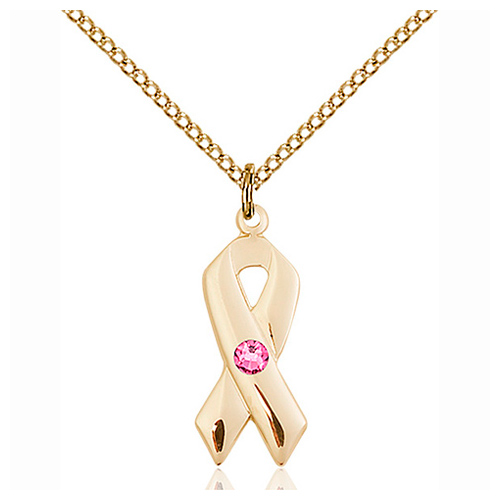 Gold Filled 7/8in Cancer Ribbon Pendant with Rose Bead & 18in Chain