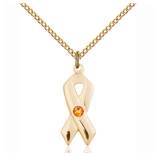 Gold Filled 7/8in Cancer Ribbon Pendant with Topaz Bead & 18in Chain