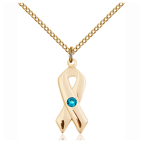Gold Filled 7/8in Cancer Ribbon Pendant with Zircon Bead & 18in Chain