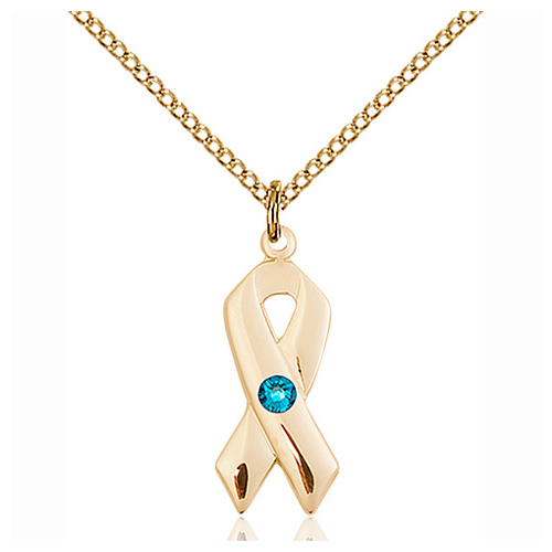 Gold Filled 7/8in Cancer Ribbon Pendant with Zircon Bead & 18in Chain