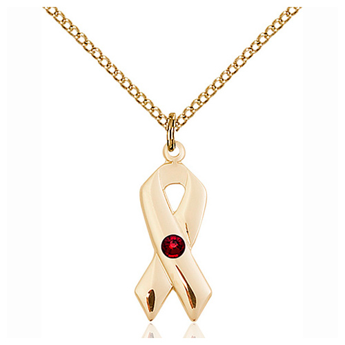 Gold Filled 7/8in Cancer Ribbon Pendant Garnet Bead & 18in Chain