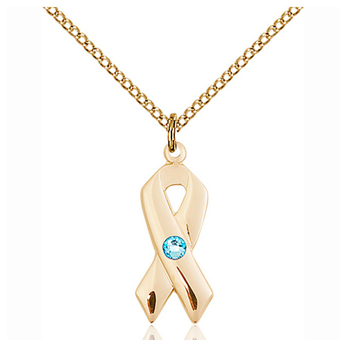 Gold Filled 7/8in Cancer Ribbon Pendant Aquamarine Bead & 18in Chain