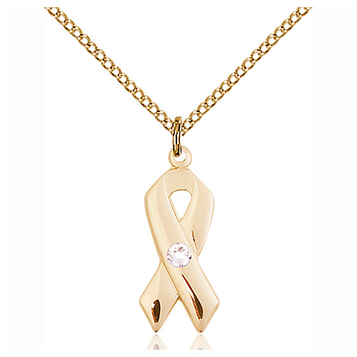 Gold Filled 7/8in Cancer Ribbon Pendant Crystal Bead & 18in Chain