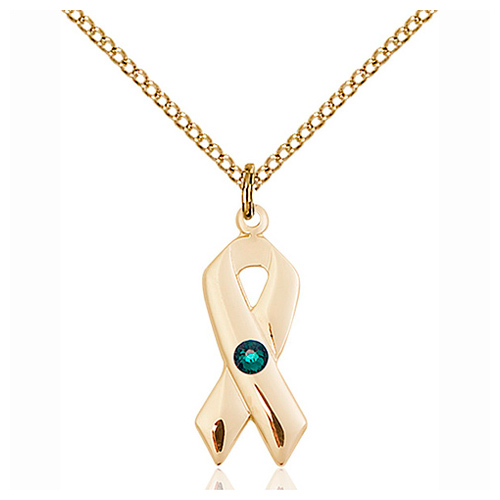 Gold Filled 7/8in Cancer Ribbon Pendant with Emerald Bead & 18in Chain