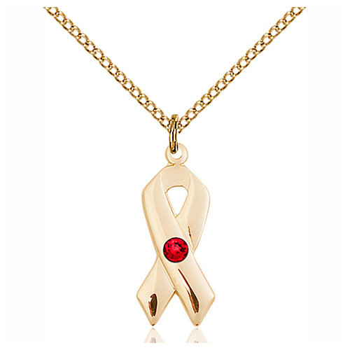 Gold Filled 7/8in Cancer Ribbon Pendant with Ruby Bead & 18in Chain