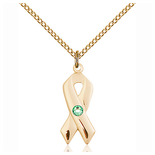 Gold Filled 7/8in Cancer Ribbon Pendant with Peridot Bead & 18in Chain