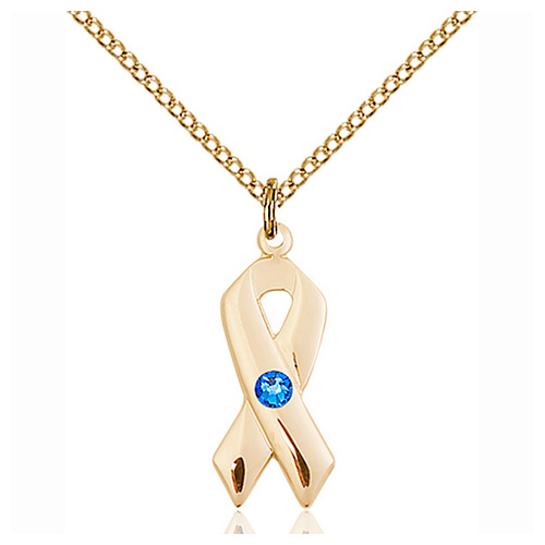 Gold Filled 7/8in Cancer Awareness Pendant with 3mm Sapphire Bead  
