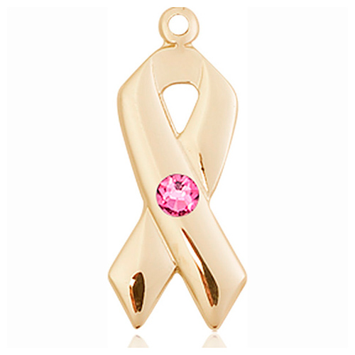 14kt Yellow Gold 7/8in Cancer Awareness Ribbon with 3mm Rose Bead  