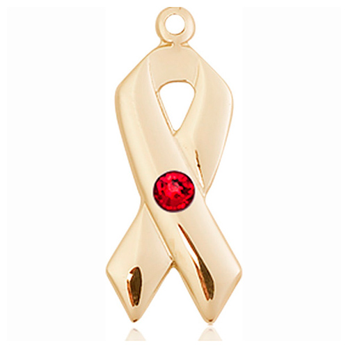 14kt Yellow Gold 7/8in Cancer Awareness Ribbon with 3mm Ruby Bead  
