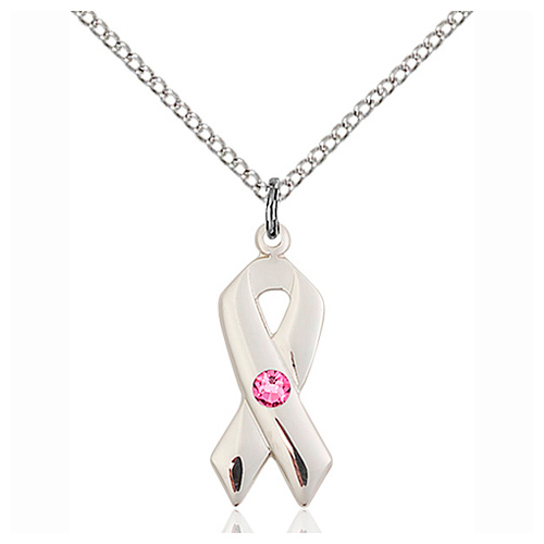 Sterling Silver 7/8in Cancer Ribbon Pendant Rose Bead & 18in Chain