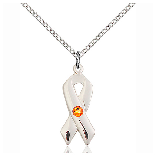 Sterling Silver 7/8in Cancer Ribbon Pendant Topaz Bead & 18in Chain