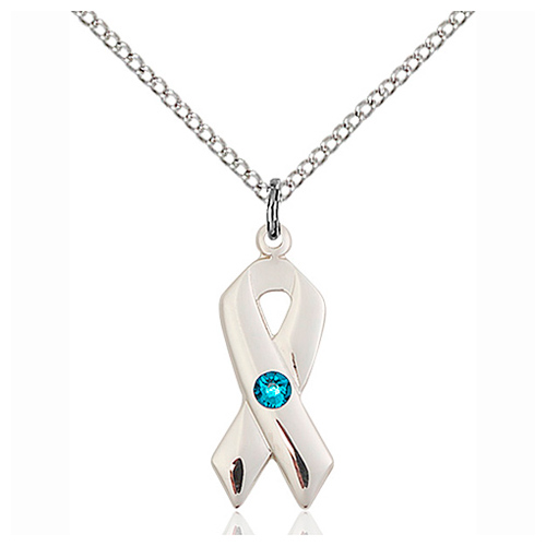 Sterling Silver 7/8in Cancer Ribbon Pendant Zircon Bead & 18in Chain