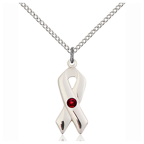 Sterling Silver 7/8in Cancer Ribbon Pendant Garnet Bead & 18in Chain