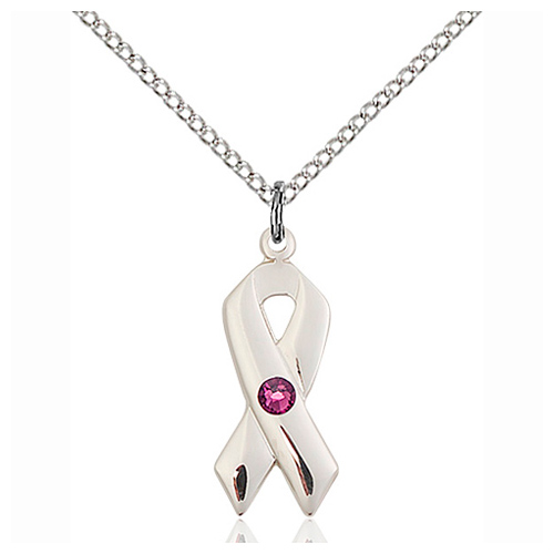 Sterling Silver 7/8in Cancer Ribbon Pendant Amethyst Bead & 18in Chain
