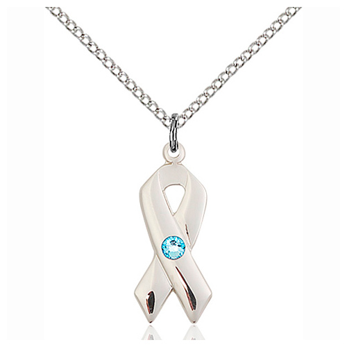Sterling Silver 7/8in Cancer Ribbon Pendant Aquamarine Bead 18in Chain