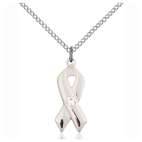 Sterling Silver 7/8in Cancer Ribbon Pendant Crystal Bead & 18in Chain