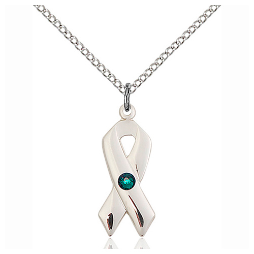 Sterling Silver 7/8in Cancer Ribbon Pendant Emerald Bead & 18in Chain