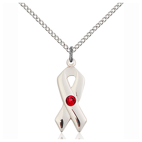 Sterling Silver 7/8in Cancer Ribbon Pendant Ruby Bead & 18in Chain